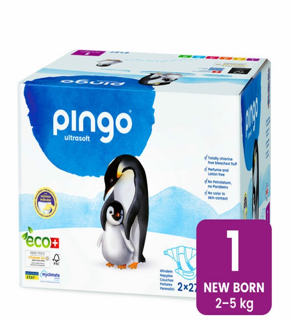 Pingo Newborn Jumbo Taille1– 2-5KG  –2 Sachets de 27 Couches = Lingettes Offertes