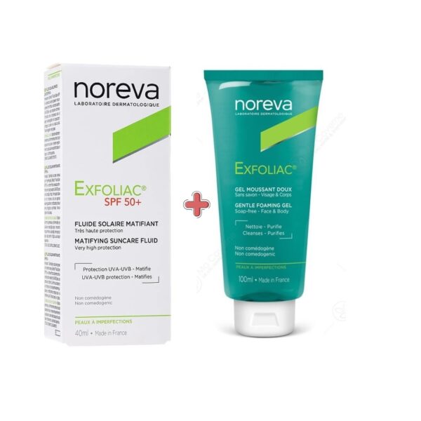 Noreva Exfoliac Ecran Solaire Spf50+ 40ml + Gel moussant Doux 100ml  PACK